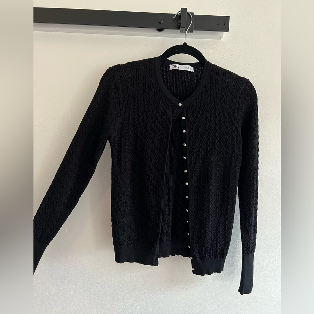 Black cardigan sweater with rhinestone buttons